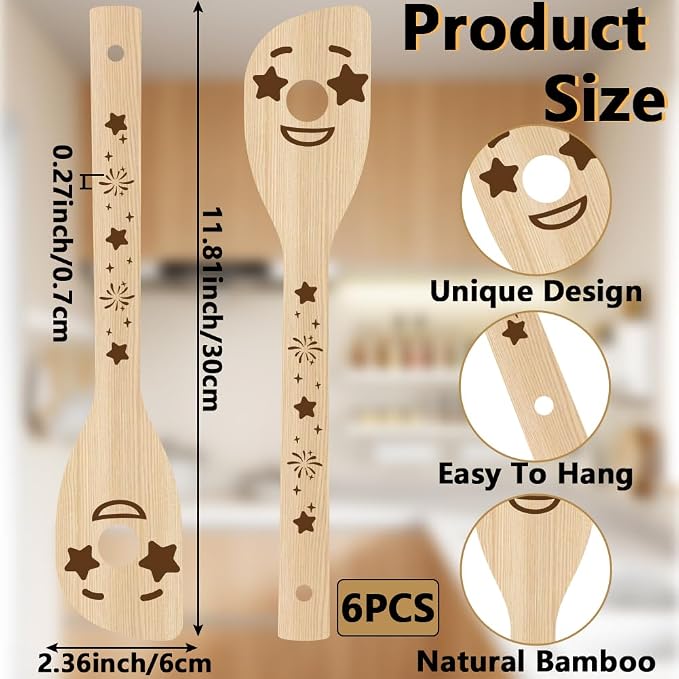 6Pcs 6 Styles Funny Wood Spoon Set for Cooking 2.4 x 11.8 Inch Durable Spatula, Smile Faces Bamboo Kitchen Utensils for Housewarming Wedding Anniversary Thanksgiving Birthday Gifts Use