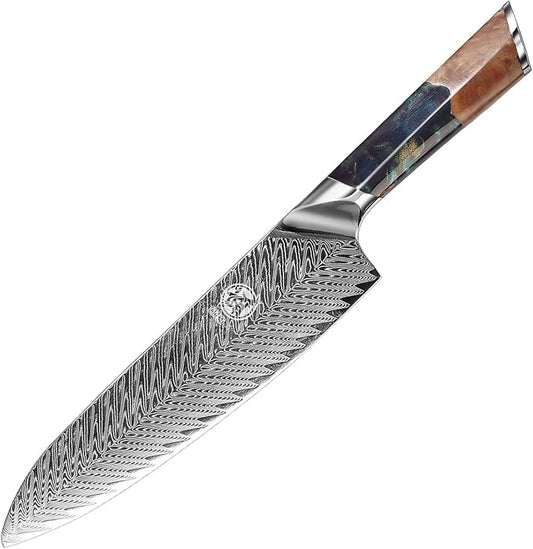 MITSUMOTO SAKARI 8.5-Inch Japanese Santoku Knife, VG-10 Damascus Steel | Wide Santoku blade for slicing, dicing and mincing, 67-layer VG-10 Damascus steel, maple wood handle, sandalwood box