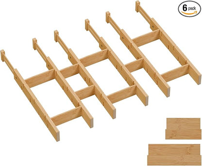 Bamboo Drawer Dividers, Expandable Kitchen Drawer Organizer, Include 6 Dividers, 6 Small Inserts and 6 Medium Inserts for Home, Office, Dressers