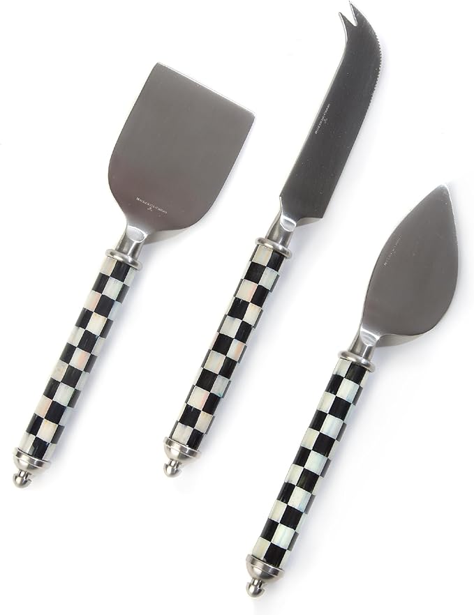 MACKENZIE-CHILDS Supper Club Cheese Knife Set, Stainless-Steel Cheese Slicers, Charcuterie Accessories, Set of 3, Black-and-White Courtly Check