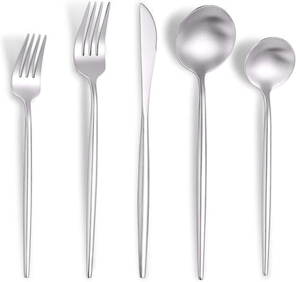 Lemeya Matte Silverware Set for 6,Modern Stainless Steel Brushed Cutlery Set,30-Pieces Heavy Duty Flatware Set,Knives Spoons and Forks Set Utensils Set, Satin Finish, Dishwasher Safe