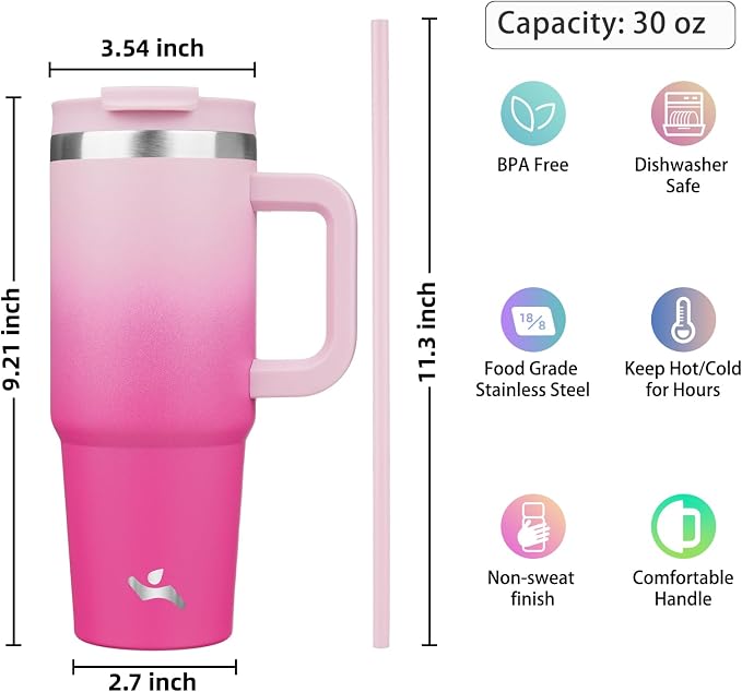 Konokyo 30 oz Tumbler with Handle and 2 Straws,2 in 1 Lid Insulated Water Bottle Stainless Steel Travel Coffee Mug,Cherry Blossoms