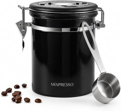 Mixpresso 16 Oz Black Coffee Canister, Stainless Steel Airtight Coffee Container, Air tight Jar Tea Storage with Date Tracker, Vacuum Sealed Espresso Airtight Canister, Sugar Container for Home