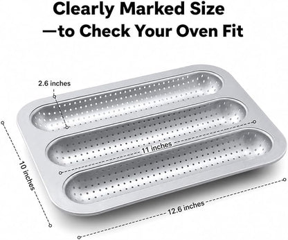 Metal Sub Roll & Hoagie Roll Baking Pan 12 inch, 3-Slot Perforated French Bread & Mini Baguette Pan, Nonstick Carbon Steel Bread Baking Tray for Homemade Subs & Sandwich Rolls
