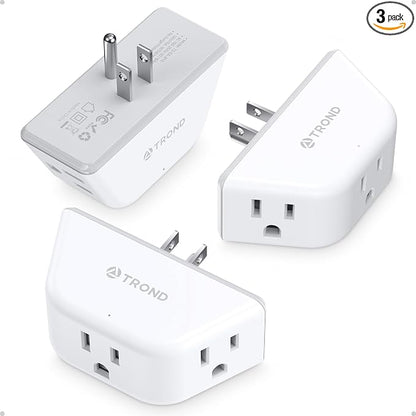 TROND Outlet Extender 3 Pack - Multi Plug Wall Outlet, 3-Prong Grounded Wall Splitter, 3 Way Angled Plug Adapter, Cruise Ship Essentials, ETL Listed, Multiple Expander for Bathroom Kitchen, White