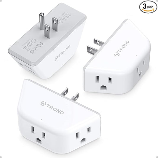 TROND Outlet Extender 3 Pack - Multi Plug Wall Outlet, 3-Prong Grounded Wall Splitter, 3 Way Angled Plug Adapter, Cruise Ship Essentials, ETL Listed, Multiple Expander for Bathroom Kitchen, White