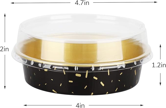 Beasea Mini Aluminum Pie Pans, 4 Inch 50 Pack Mini Pie Tins with Lids, 8 Oz Aluminum Foil Disposable Black Gold Cartoon Tart Pans Round Oven Baking Small Cake Tin for Cheesecake Quiche