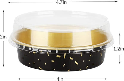 Beasea Mini Aluminum Pie Pans, 4 Inch 50 Pack Mini Pie Tins with Lids, 8 Oz Aluminum Foil Disposable Black Gold Cartoon Tart Pans Round Oven Baking Small Cake Tin for Cheesecake Quiche