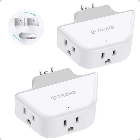 TROND 360 Rotating Plug Outlet Extender 2 Pack, 3 Way Angled Wall Outlet Adapter, Small Multiple Plug Splitter for Bathroom Kitchen Cruise Ship Travel Essentials, White