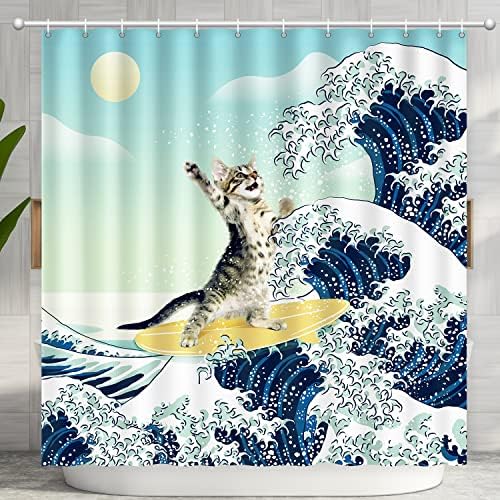 Funny Cat Shower Curtain, Surfer Cat Shower Curtain Battle Blue Ocean Great Wave for Bathroom with 12 Hooks, Polyester Fabric Summer Shower Curtains Set Waterproof Kids Bath ShowerCurtain Decorative
