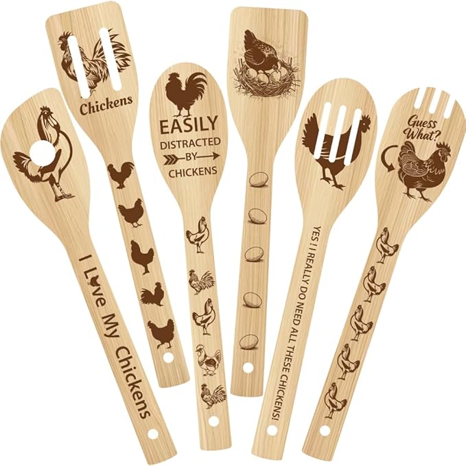 6Pcs 6 Styles Chicken Wooden Spoons for Cooking Mothers Day Rooster Gifts 11.8 x 2.4 Inch Rooster Kitchen Utensils Bamboo Set Chicken Kitchen Accessories Farmhouse Stuff Decor for Women