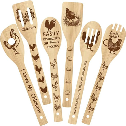 6Pcs 6 Styles Chicken Wooden Spoons for Cooking Mothers Day Rooster Gifts 11.8 x 2.4 Inch Rooster Kitchen Utensils Bamboo Set Chicken Kitchen Accessories Farmhouse Stuff Decor for Women