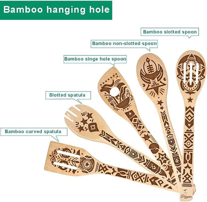 Ancient Totem Retro style Gift Idea Cooking Serving Utensils Natural Bamboo Kitchen House Warming Presents Slotted Wooden Spoons for Cooking Utensils Set of 5…