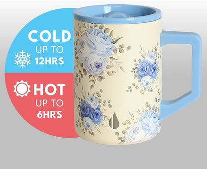 Elemental Insulated Coffee Mug - Triple-Wall Stainless Steel Summit Travel Cup for Hot and Cold Drinks - Thermal Coffee Mug with Lid and Handle for Camping, Office & Travel 16oz - Blue Blooms