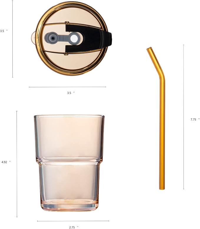 BLUEPOLAR 13oz/400ml Glass Tumbler Water Cup with Straw and Lid, Sealed Carry on for Coffee, Iced Tea, Thick Wall Insulated Amber 2-Pack