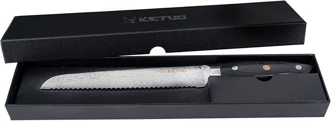 Ketuo Professional Chef Knife Damascus Carbon Steel with Laser Pattern Blade and Black Pakka Wood (8 Inch Bread Knife)
