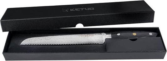 Ketuo Professional Chef Knife Damascus Carbon Steel with Laser Pattern Blade and Black Pakka Wood (8 Inch Bread Knife)