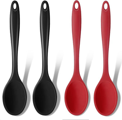 GEEKHOM Silicone Cooking Spoons, 4 Pieces 8” Heat Resistant Silicone Kitchen Utensils Set Serving Stirring Spoons for Non Stick Cooking, Mixing, Basting, Baking, Black+Red