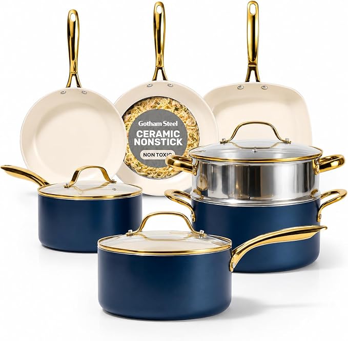 Gotham Steel 12 Pc Ceramic Cookware Set Nonstick, Ceramic Pots and Pans Set Non Stick with Steamer for Cooking, Non Toxic PFOA PFOS Free, Premium Stay Cool Handles, Oven & Dishwasher Safe