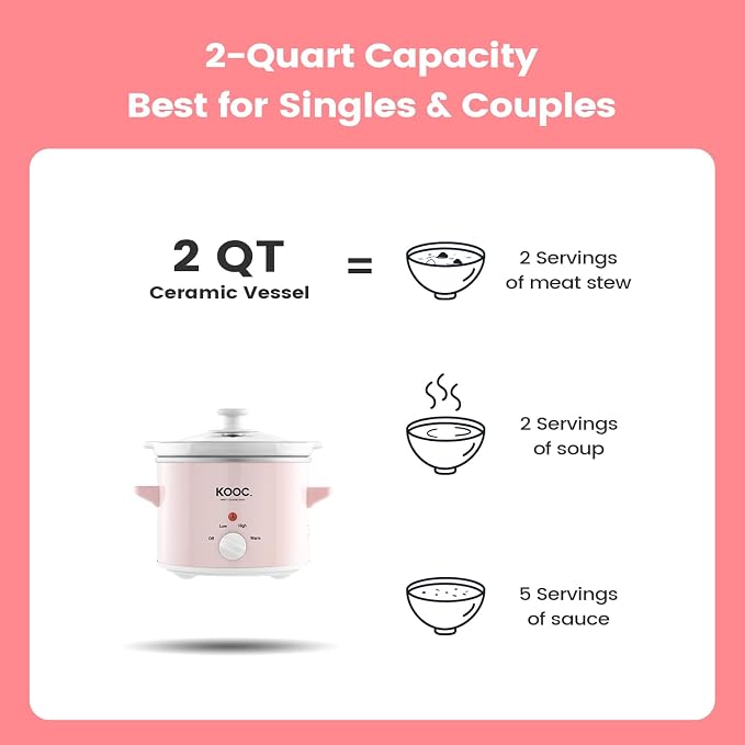 KOOC Small Slow Cooker, 2-Quart, Free Liners Included for Easy Clean-up, Upgraded Ceramic pot, Adjustable Temp, Nutrient Loss Reduction, Stainless Steel, Pink, Round