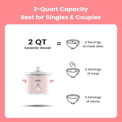 KOOC Small Slow Cooker, 2-Quart, Free Liners Included for Easy Clean-up, Upgraded Ceramic pot, Adjustable Temp, Nutrient Loss Reduction, Stainless Steel, Pink, Round