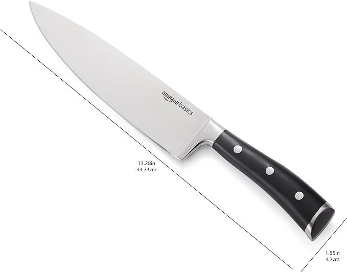Amazon Basics Classic 8-inch Full Tang High Carbon Stainless Steel Chef's Knife, Multipurpose Kitchen Knife with Three Rivets, Silver