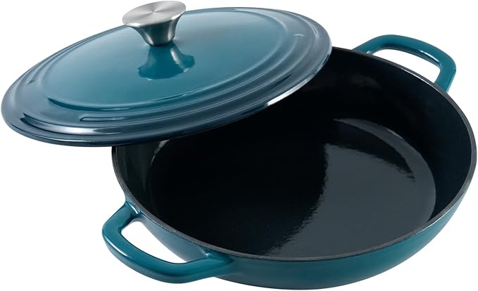 Flavehc Braiser Enameled Cast Iron Braiser 3 QT, Cast Iron Braiser Pan with Lid for Bread Baking, Soup & One Pot Meals, Small Shallow Dutch Oven Casserole for Oven & Induction, DarkCyan