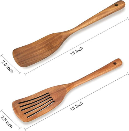 2 Pack Wooden Non Toxic Spatulas for Kitchen Utensils Set Acacia Wood Cooking Spatula Flat Wok Pancake Turner Bamboo Slotted Spoon for Cooking Utensil Spurtle Scraper Long Fish Egg Flipper Spatulas