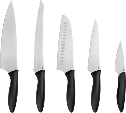 Kershaw 6-Piece Kitchen Block Set, with 5 Knives and Wooden Block, Stainless Steel, Satin Finish, Black Polypropylene Handle, Includes Chef’s, Bread, Santoku, Utility and Paring Knife