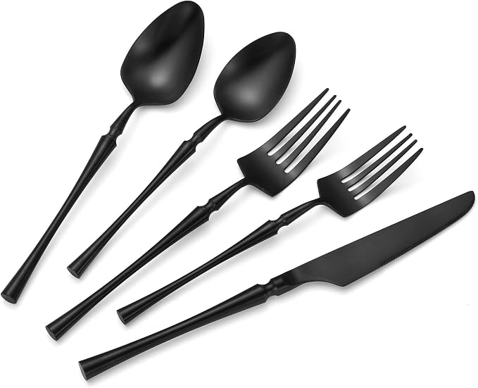 Lemeya 20 Piece Matte Black Silverware Set,18/10 Stainless Steel Flatware Set Service for 4,Unique Cutlery Set with Canton Tower Handle,Forks Spoons and Knives Set,Dishwasher Safe