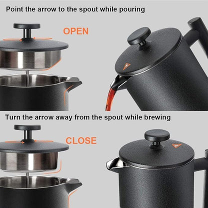 Secura French Press Coffee Maker, 304 Grade Stainless Steel Insulated Coffee Press with 2 Extra Screens, 34oz (1 Litre), Black