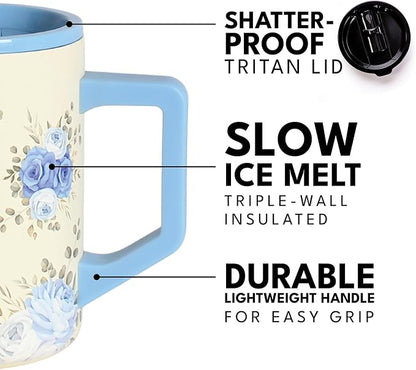 Elemental Insulated Coffee Mug - Triple-Wall Stainless Steel Summit Travel Cup for Hot and Cold Drinks - Thermal Coffee Mug with Lid and Handle for Camping, Office & Travel 16oz - Blue Blooms