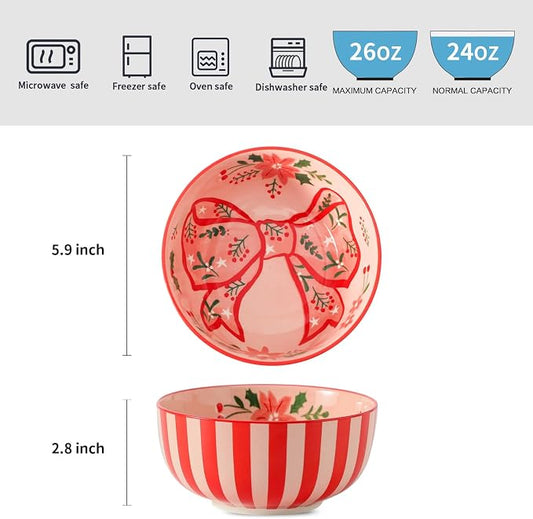 glowworm Cereal Bowls Set of 6, 26 Oz Ceramic Soup Bowls, Cereal Bowls for Rice, Oatmeal, Fruit, Ice Cream, Dessert, Dishwasher & Microwave safe, Pink