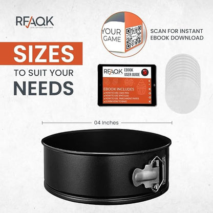 RFAQK 4 Inch Mini Cheesecake Pans Leakproof, 4pcs Small Nonstick Springform Pans with Removable Bottom, Includes 50pcs Parchment Papers, E-Book, Perfect for Baking Mini Cakes, Pizzas, Quiches & More!