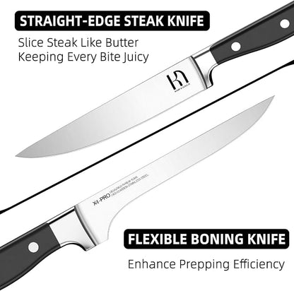 Knife Set, 15 Pcs Kitchen Knife Block Set, Enduring Razor-Sharp Japanese High Carbon Stainless Steel Chef Knife Set with Block and Sharpener, Premium Knives Set for Kitchen, Black Natural Wood
