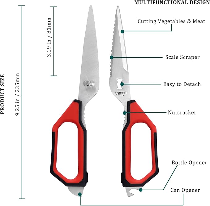 LIVINGO Kitchen Scissors Set All Purpose - Heavy Duty Stainless Steel Come Apart Food Shears for Cutting Meat, Vegetables, Dishwasher safe, 2 Pack, Red Black Multi-Function Handles