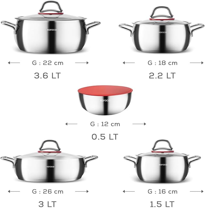 KARACA Stainless Steel Cookware Emirgan XL Set of 10 Piece, Pot, Deep Pot, Casserole, Container with Lid, Easy to Use Stylish Handles, Heat Resistant Cover, Essential Kitchen Accessory