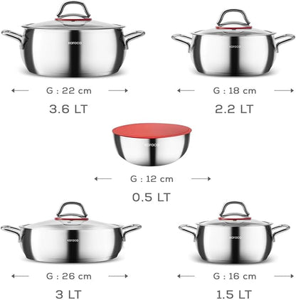 KARACA Stainless Steel Cookware Emirgan XL Set of 10 Piece, Pot, Deep Pot, Casserole, Container with Lid, Easy to Use Stylish Handles, Heat Resistant Cover, Essential Kitchen Accessory