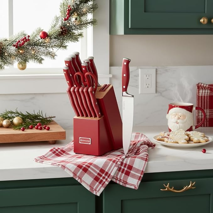 Red Knife Set, 15-Piece Knife Block Set with Built-in Sharpener Scissors for Kitchen, Dishwasher Safe Knives Set Elegant Present for Family & Restaurant