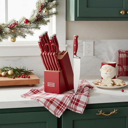 Red Knife Set, 15-Piece Knife Block Set with Built-in Sharpener Scissors for Kitchen, Dishwasher Safe Knives Set Elegant Present for Family & Restaurant