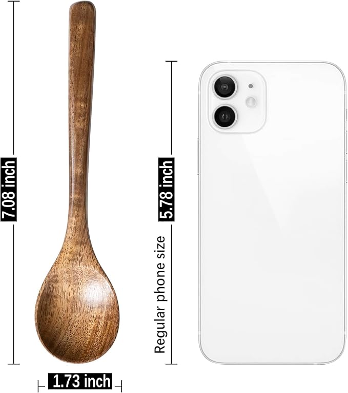 2 PCS Wooden Spoons for Eating, 7 inch Wooden Honey Spoons for Tea, Wood Teaspoons for Stirring Coffee, Acacia Wood Table Spoon for Cooking, Small Serving Spoon for Soup, Desserts & Cereal
