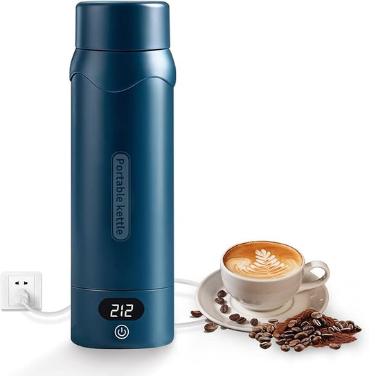Insulated Stainless Steel Electric Kettle Small, Smart Water Bottle with 4 temperature control, Leak-Proof, Mini Travel Essentials Portable Office Gifts for Tea Lovers, Dark Blue