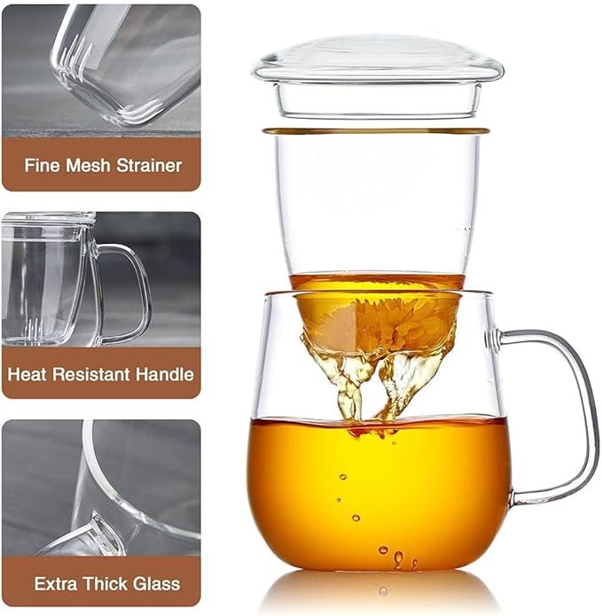DOPUDO Glass Teacups 24 Pack Glass Tea Cup with Infuser and Lid, 17.6oz/520ml Large Borosilicate Teacup,Tea Clear Mug Cup for Loose Leaf Blooming Tea, Microwave & Dishwasher Safe.
