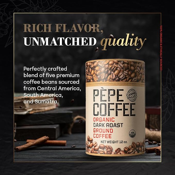Pepe Coffee Organic Dark Roast Ground Coffee 12 oz 1-pack by Chef Pepe