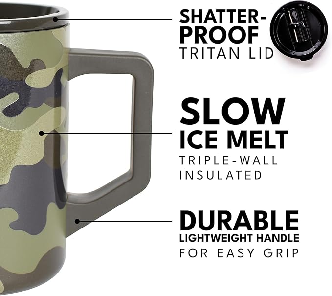 Elemental Insulated Coffee Mug - Triple-Wall Stainless Steel Summit Travel Cup for Hot and Cold Drinks - Thermal Coffee Mug with Lid and Handle for Camping, Office & Travel 16oz - Dark Green Camo