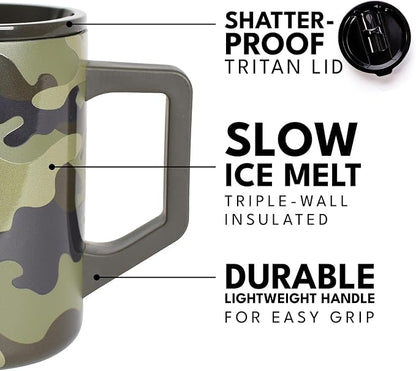 Elemental Insulated Coffee Mug - Triple-Wall Stainless Steel Summit Travel Cup for Hot and Cold Drinks - Thermal Coffee Mug with Lid and Handle for Camping, Office & Travel 16oz - Dark Green Camo