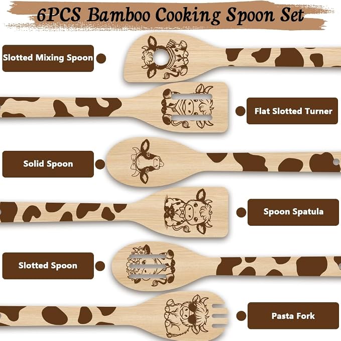 6Pcs 6 Styles Cow Cooking Utensils Set for Kitchen 2.4 x 11.8 Inch Bamboo Durable Utensils, Cute Kitchen Wooden Spoons for Housewarming Wedding Anniversary Thanksgiving Birthday Gift Use