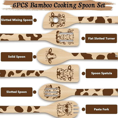 6Pcs 6 Styles Cow Cooking Utensils Set for Kitchen 2.4 x 11.8 Inch Bamboo Durable Utensils, Cute Kitchen Wooden Spoons for Housewarming Wedding Anniversary Thanksgiving Birthday Gift Use