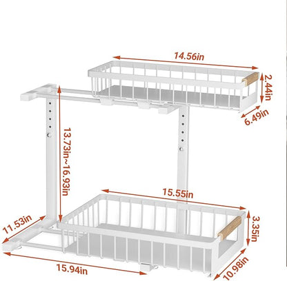 Under Sink Organizer, 2 Tier Pull Out Cabinet Organizer with 5 Adjustable Heights, Metal Under Sink Storage with Sliding Drawers for Kitchen, Bathroom, Pantry and Laundry Room, 4-Pack White