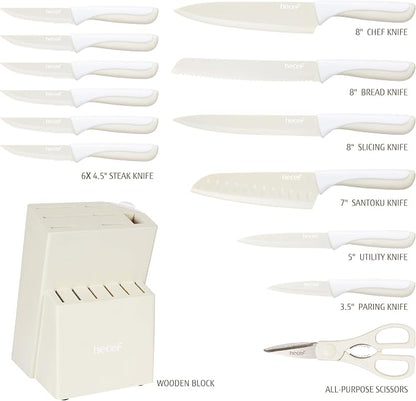 hecef 15 Pieces Kitchen Knife Set with Built-in Sharpening Wooden Block, Dishwasher Safe, High Carbon Stainless Steel Knife Block Set with Steak Knives, Kitchen Scissors, Cream White